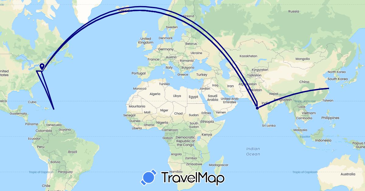 TravelMap itinerary: driving in China, India, Puerto Rico, United States (Asia, North America)